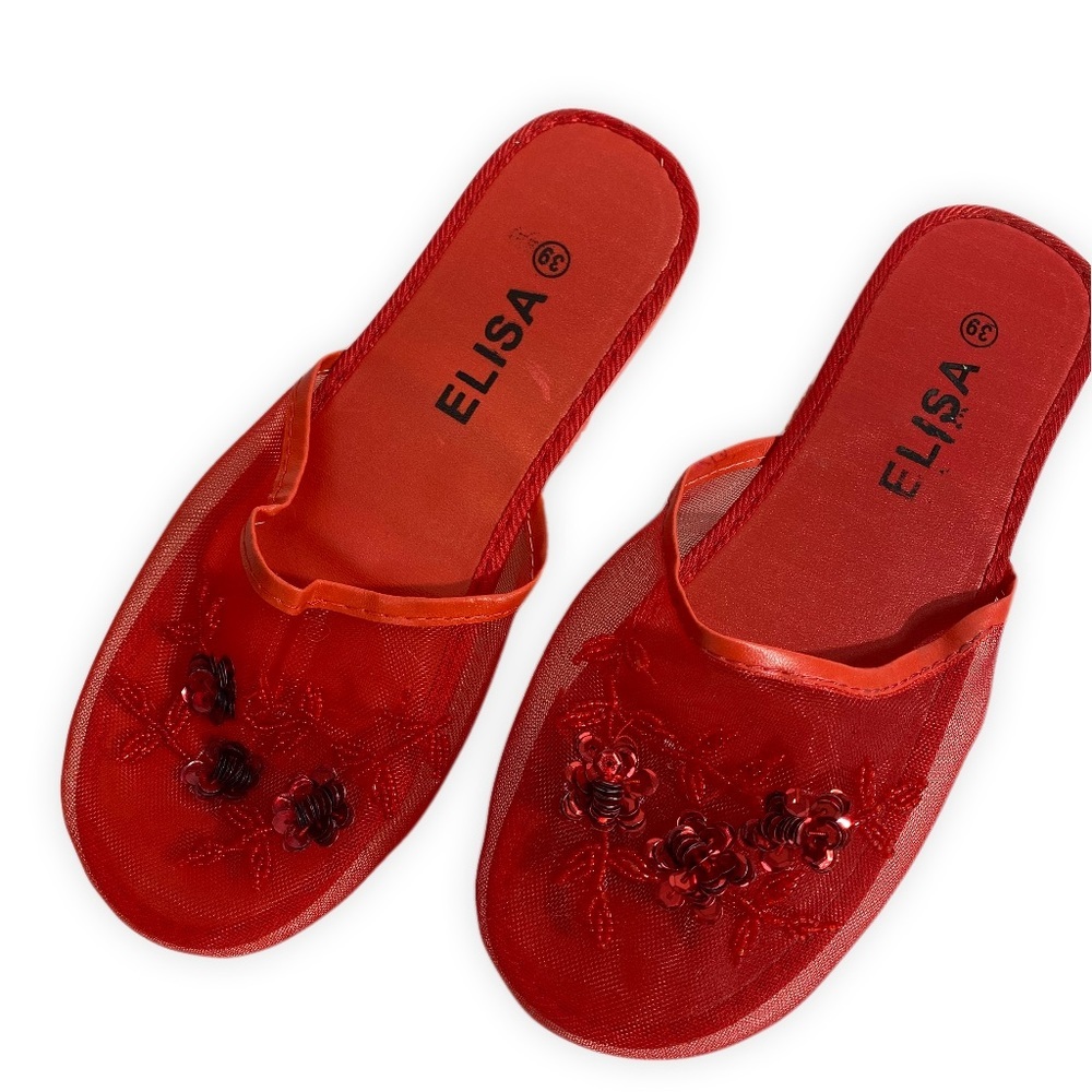 NEW Red Vintage Sequin Mesh Slides Chinese Beaded Slippers Multiple Sizes